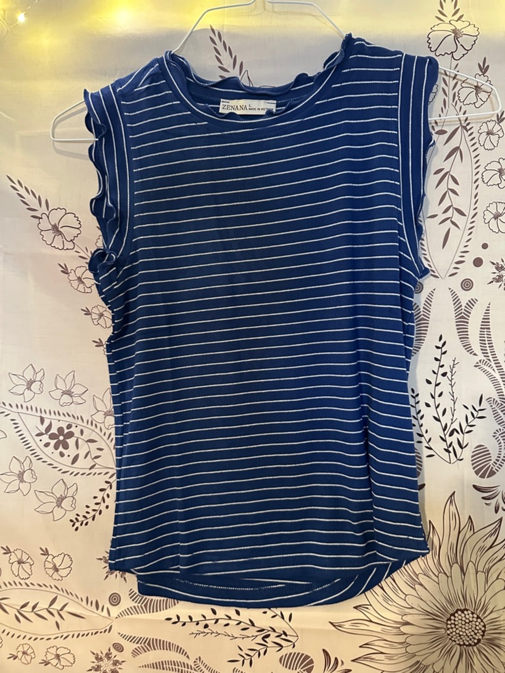 Zenana Outfitters Navy & White Striped Ruffle Sleeve Tank